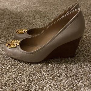 Tory Burch Gray and Gold Wedge Heels
